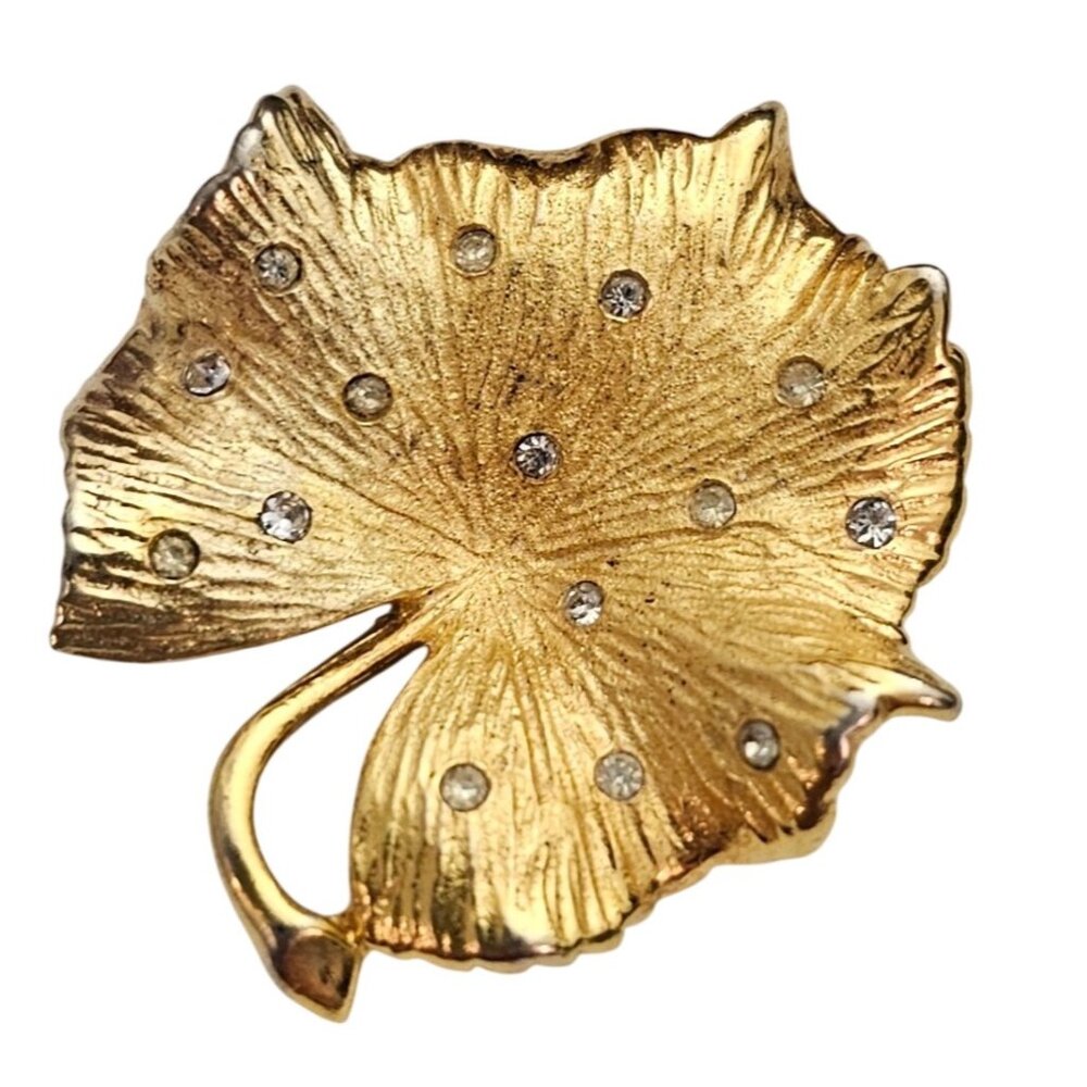 Pennino Gold Tone Leaf, Rhinestone Wavy Pin Signed, J404